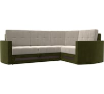 Угловой диван Лига диванов Белла правый основа микровельвет бежевый, компаньон микровельвет зеленый 117626