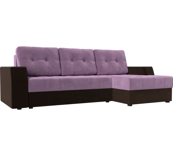 Угловой диван Лига диванов Эмир БС правый основа микровельвет сиреневый, компаньон микровельвет коричневый 110427 1