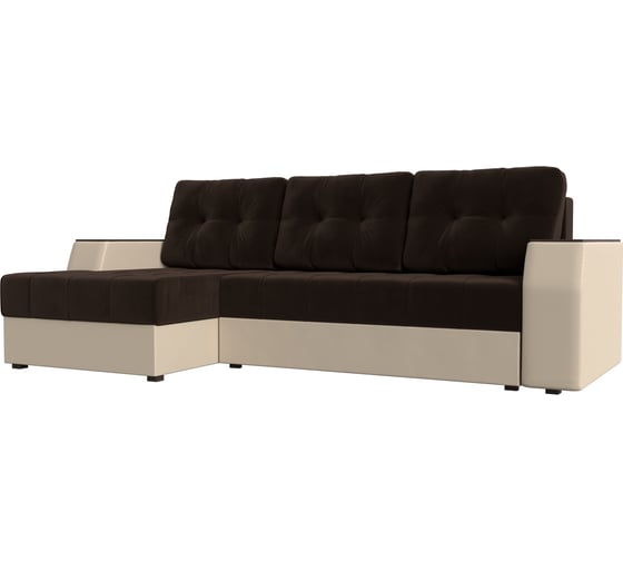 Угловой диван Лига диванов Эмир БС левый основа микровельвет коричневый, компаньон экокожа бежевая 110438L 1