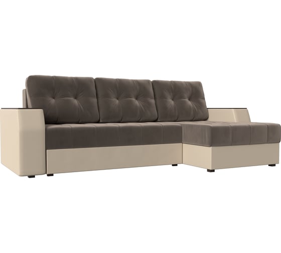 Угловой диван Лига диванов Эмир БС правый основа велюр коричневый, компаньон экокожа бежевая 110456 1