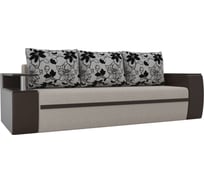 Прямой диван Лига диванов Ричмонд основа рогожка бежевая, компаньон экокожа коричневая, подушки рогожка цветы 114988