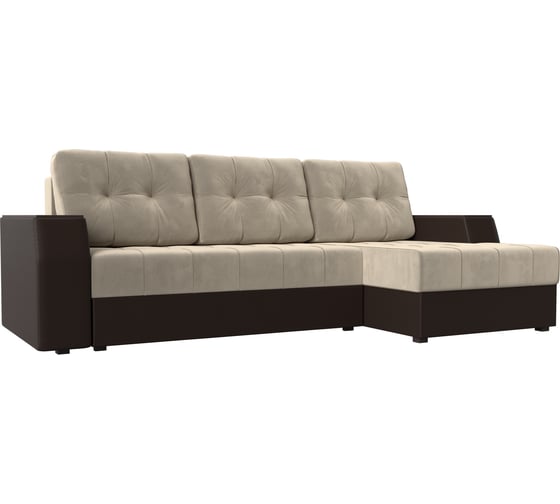 Угловой диван Лига диванов Эмир БС правый основа микровельвет бежевый, компаньон экокожа коричневая 110415 1