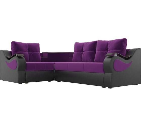 Угловой диван Лига диванов Митчелл левый основа микровельвет фиолетовый, компаньон экокожа черная 107562L 1