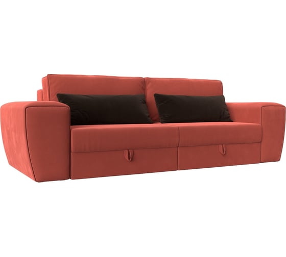 Прямой диван Лига диванов Лига-008 основа микровельвет коралловый, подлокотники микровельвет коралловый, приспинные подушки микровельвет коралловый, декоративные подушки микровельвет коричневый 118608 1