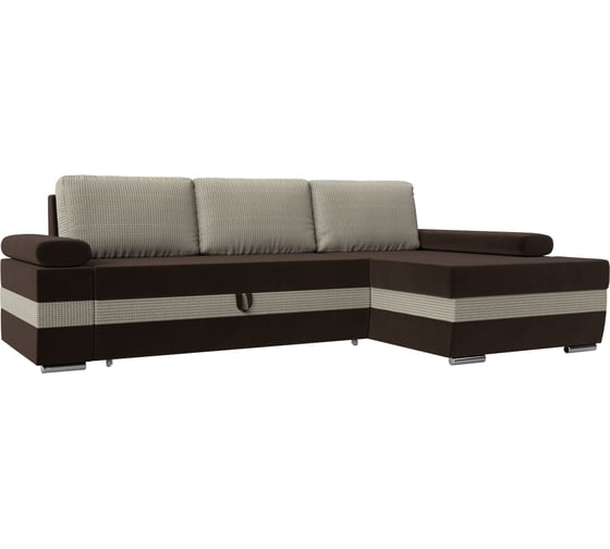Угловой диван Лига диванов Канкун правый угол основа микровельвет коричневый, вставка рогожка корфу 02, подушки рогожка корфу 02 118227 1