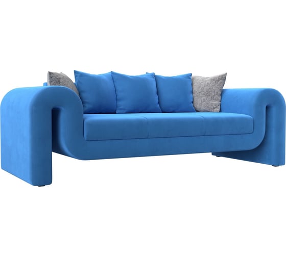 Прямой диван Лига диванов Волна полностью велюр голубой, подушки 3 велюр голубой, 2 велюр серый с узором 115634 1