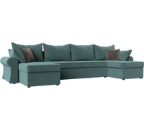 П-образный диван Лига диванов Элис полностью велюр бирюзовый, кант велюр коричневый, подушки велюр БИР/бир/кор 110285