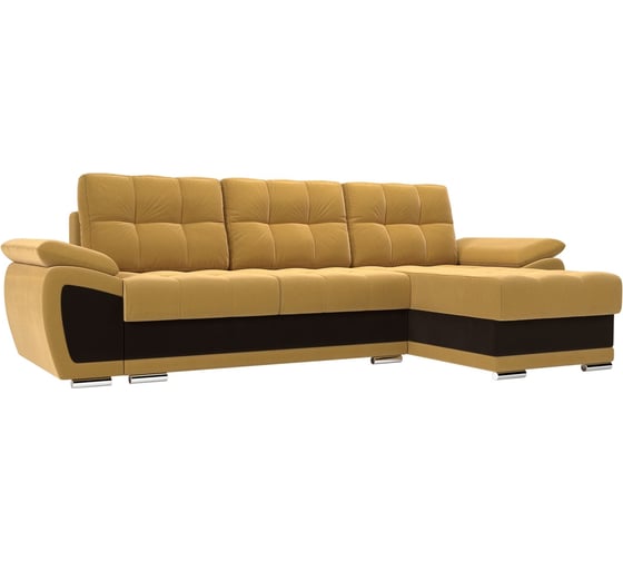 Угловой диван Лига диванов Нэстор правый основа микровельвет желтый, вставка микровельвет коричневый 109795 1