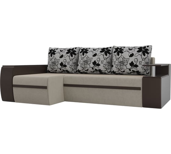 Угловой диван Лига диванов Ричмонд левый основа микровельвет бежевый, компаньон экокожа коричневая, подушки рогожка цветы 115008L 1