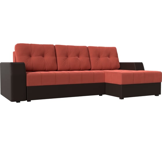 Угловой диван Лига диванов Эмир БС правый основа микровельвет коралловый, компаньон экокожа коричневая 110431