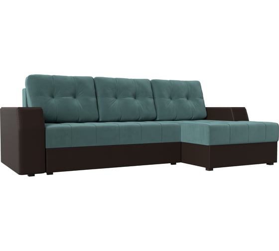 Угловой диван Лига диванов Эмир БС правый основа Велюр Бирюзовый, компаньон экокожа коричневая 110458 1