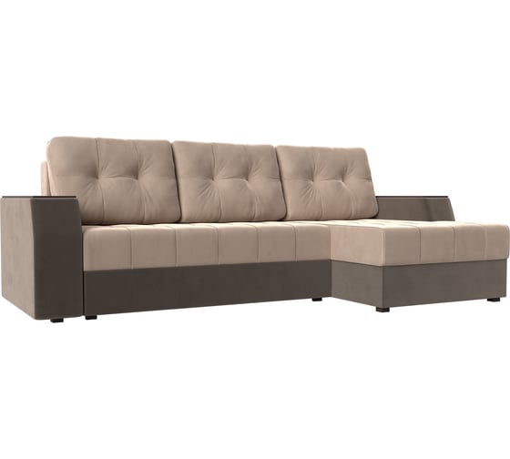 Угловой диван Лига диванов Эмир БС правый основа велюр бежевый, компаньон велюр коричневый 110441 1