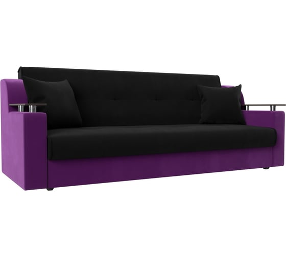 Прямой диван Лига диванов книжка Сенатор основа микровельвет черный, компаньон микровельвет фиолетовый 110124 1