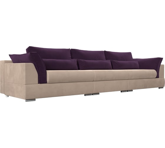 Прямой диван Лига диванов Пекин Long полностью велюр бежевый, подушки велюр фиолетовый 116047 1