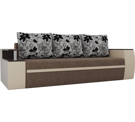 Прямой диван Лига диванов Ричмонд основа рогожка коричневая, компаньон экокожа бежевая, подушки рогожка цветы 114990 1