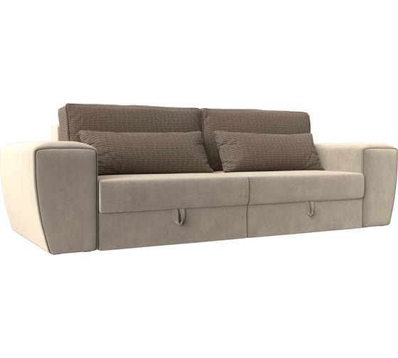 Прямой диван Лига диванов Лига-008 основа микровельвет бежевый, подлокотники микровельвет бежевый, приспинные подушки рогожка Корфу 03, декоративные подушки рогожка Корфу 03 118634 1