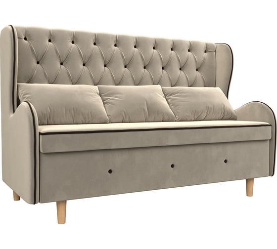 Прямой диван Лига диванов Сэймон Люкс полностью микровельвет бежевый, кант микровельвет коричневый 105390 1