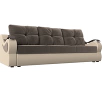 Прямой диван Лига диванов Меркурий еврокнижка основа велюр коричневый, компаньон экокожа бежевая 111362