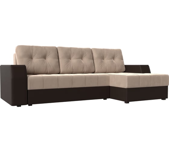 Угловой диван Лига диванов Эмир БС правый основа велюр бежевый, компаньон экокожа коричневая 110457 1