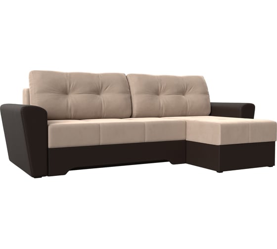 Угловой диван Лига диванов Амстердам правый основа велюр бежевый, компаньон экокожа коричневая 117794 1