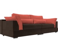 Прямой диван Лига диванов Пекин полностью микровельвет коричневый, подушки микровельвет коралловый 116101
