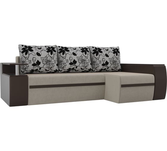 Угловой диван Лига диванов Ричмонд основа микровельвет бежевый, компаньон экокожа коричневая, подушки рогожка цветы 115008 1