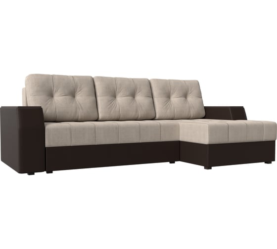 Угловой диван Лига диванов Эмир БС правый основа рогожка бежевая, компаньон экокожа коричневая 110403 1