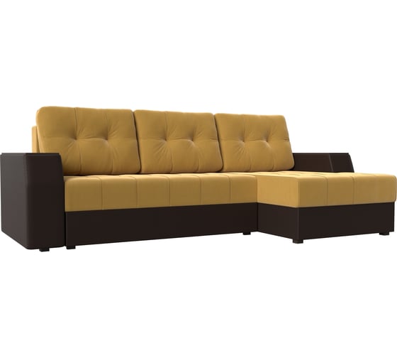 Угловой диван Лига диванов Эмир БС правый основа микровельвет желтый, компаньон экокожа коричневая 110421 1