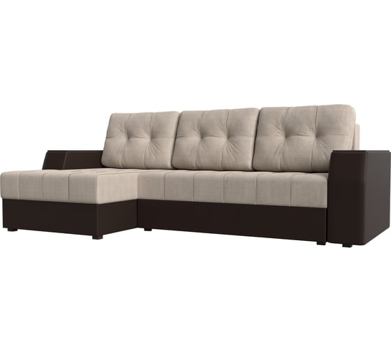 Угловой диван Лига диванов Эмир БС левый основа рогожка бежевая, компаньон экокожа коричневая 110403L 1