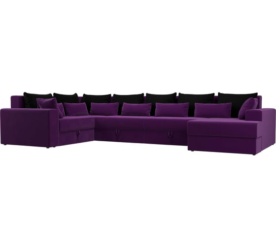 П-образный диван Майами оттоманка справа полностью микровельвет фиолетовый, подушки микровельвет ЧЕРН/фио/фио Лига диванов 114794 1