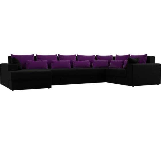 П-образный диван Майами оттоманка слева полностью микровельвет черный, подушки микровельвет ФИО/фио/черн Лига диванов 114812L 1