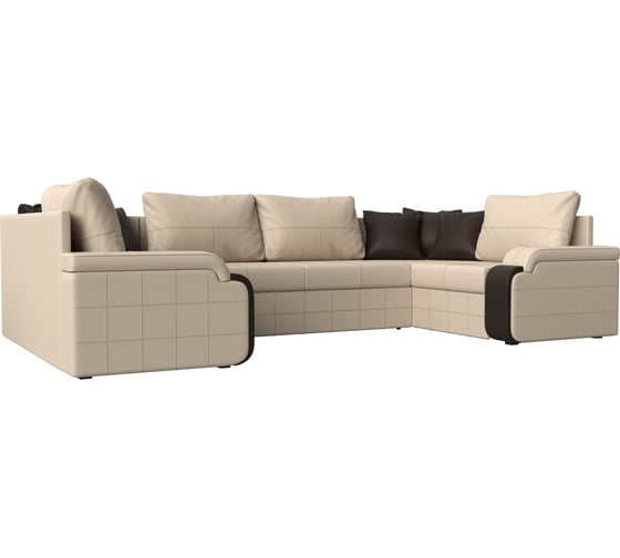 П-образный диван Николь полностью экокожа бежевая, вставка экокожа коричневая, подушки экокожа бежевая, декоративные подушки экокожа коричневая Лига диванов 117007 1