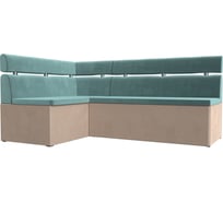 Кухонный угловой диван Классик левый основа велюр бирюзовый, компаньон велюр бежевый Лига диванов 106585L