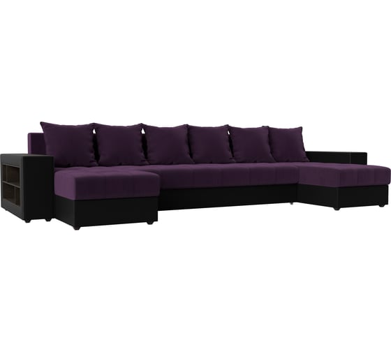 П-образный диван Дубай полки слева основа велюр фиолетовый, компаньон экокожа черная Лига диванов 110614 1