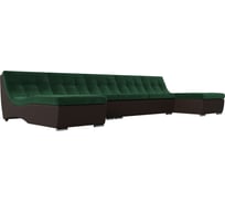 П-образный модульный диван Лига диванов Монреаль Long основа велюр зеленый, компаньон экокожа коричневая 111526