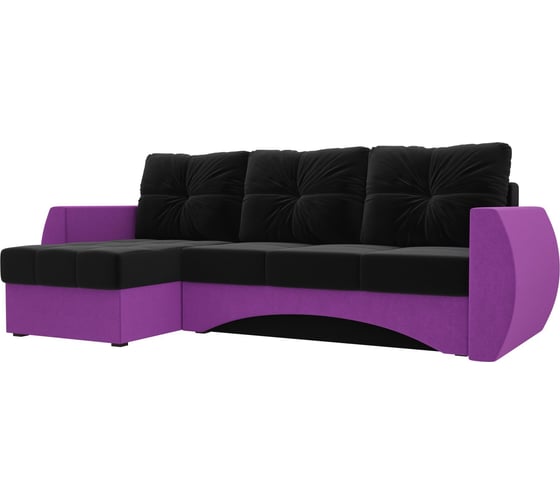 Угловой диван Лига диванов Сатурн левый основа микровельвет черный, компаньон микровельвет фиолетовый 101058L 1
