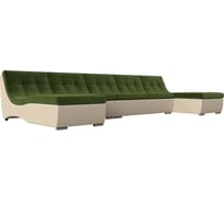 П-образный модульный диван Лига диванов Монреаль Long основа микровельвет зеленый, компаньон экокожа бежевая 111535