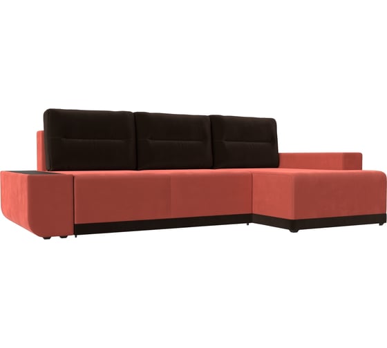 Угловой диван Лига диванов Чикаго правый основа микровельвет коралловый, подушки и вставка микровельвет коричневый 110758 1