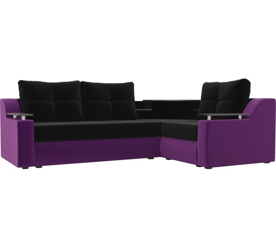 Угловой диван Лига диванов Тесей правый основа микровельвет черный, компаньон микровельвет фиолетовый 107632 1