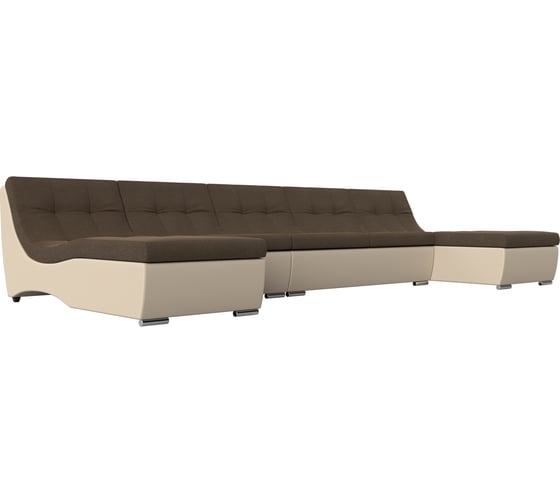 П-образный модульный диван Лига диванов Монреаль Long основа рогожка коричневая, компаньон экокожа бежевая 111542 1