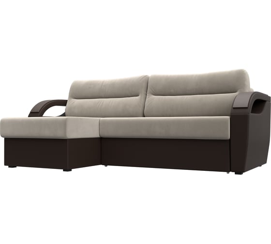 Угловой диван Лига диванов Форсайт левый основа микровельвет бежевый, компаньон экокожа коричневая 111593L 1