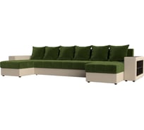 П-образный диван Лига диванов Дубай полки справа основа микровельвет зеленый, компаньон экокожа бежевая 31511R