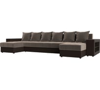 П-образный диван Лига диванов Дубай полки справа основа велюр коричневый, компаньон экокожа коричневая 110615R