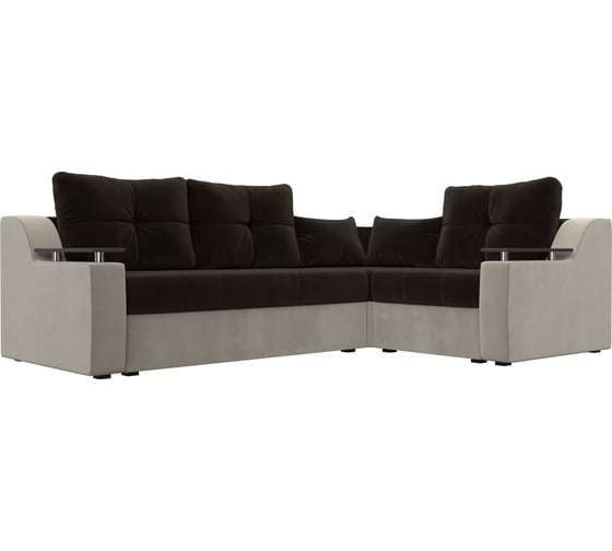 Угловой диван Лига диванов Кронос правый основа микровельвет коричневый, компаньон микровельвет бежевый, подушки микролвельвет КОР/кор 114622 1