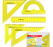 Набор ErichKrause геометрический малый пластиковый Неон, (линейка, 3 угольника, транспортир), зиплок-пакет, желтый 49563