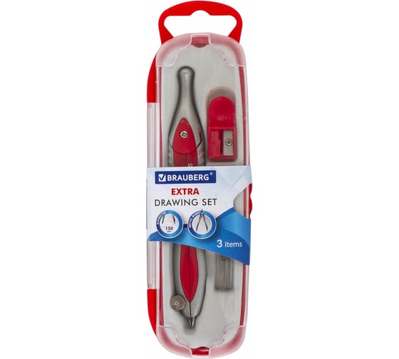Готовальня SILVER RED, 3 предмета: циркуль 125 мм, точилка, грифель, пенал с подв, BRAUBERG 880810 1