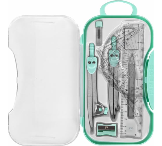 Готовальня SCHOOL KIT 11 предметов циркуль 115мм, чертежные принадлежности, мятный, BRAUBERG 881093