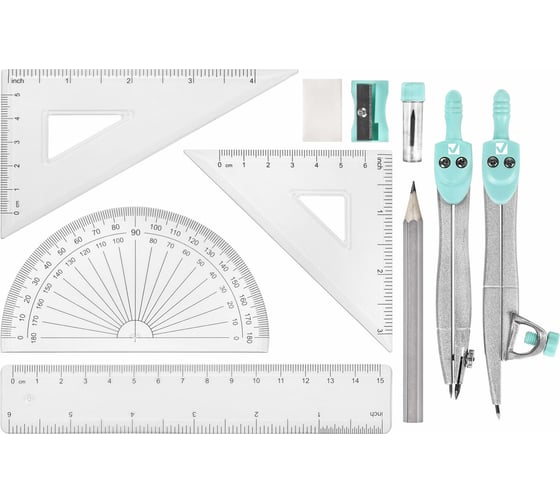 Готовальня SCHOOL KIT 11 предметов циркуль 115мм, чертежные принадлежности, мятный, BRAUBERG 210706