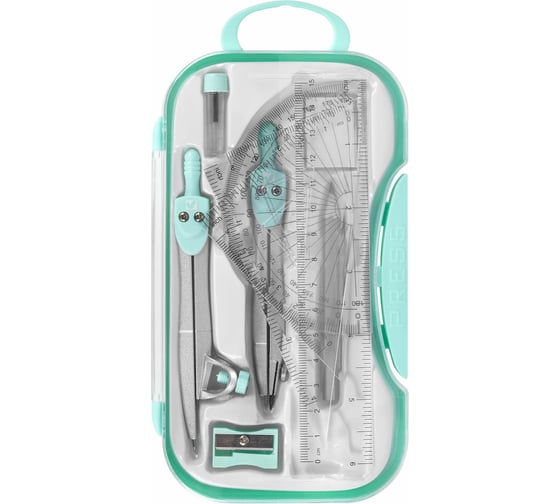 Готовальня SCHOOL KIT 11 предметов циркуль 115мм, чертежные принадлежности, мятный, BRAUBERG 210706