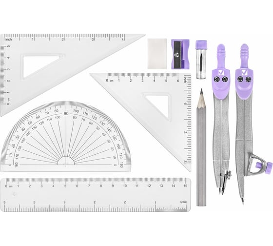 Готовальня SCHOOL KIT 11 предметов циркуль 115мм, чертежные принадлежности, лаванда, BRAUBERG 210714